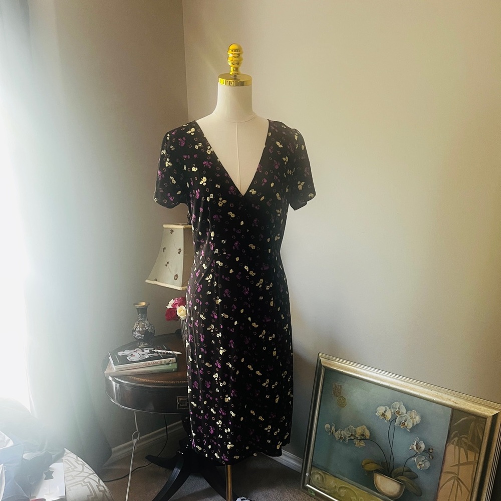 Modcloth Black Midi Dress with Purple & Cream Floral Print